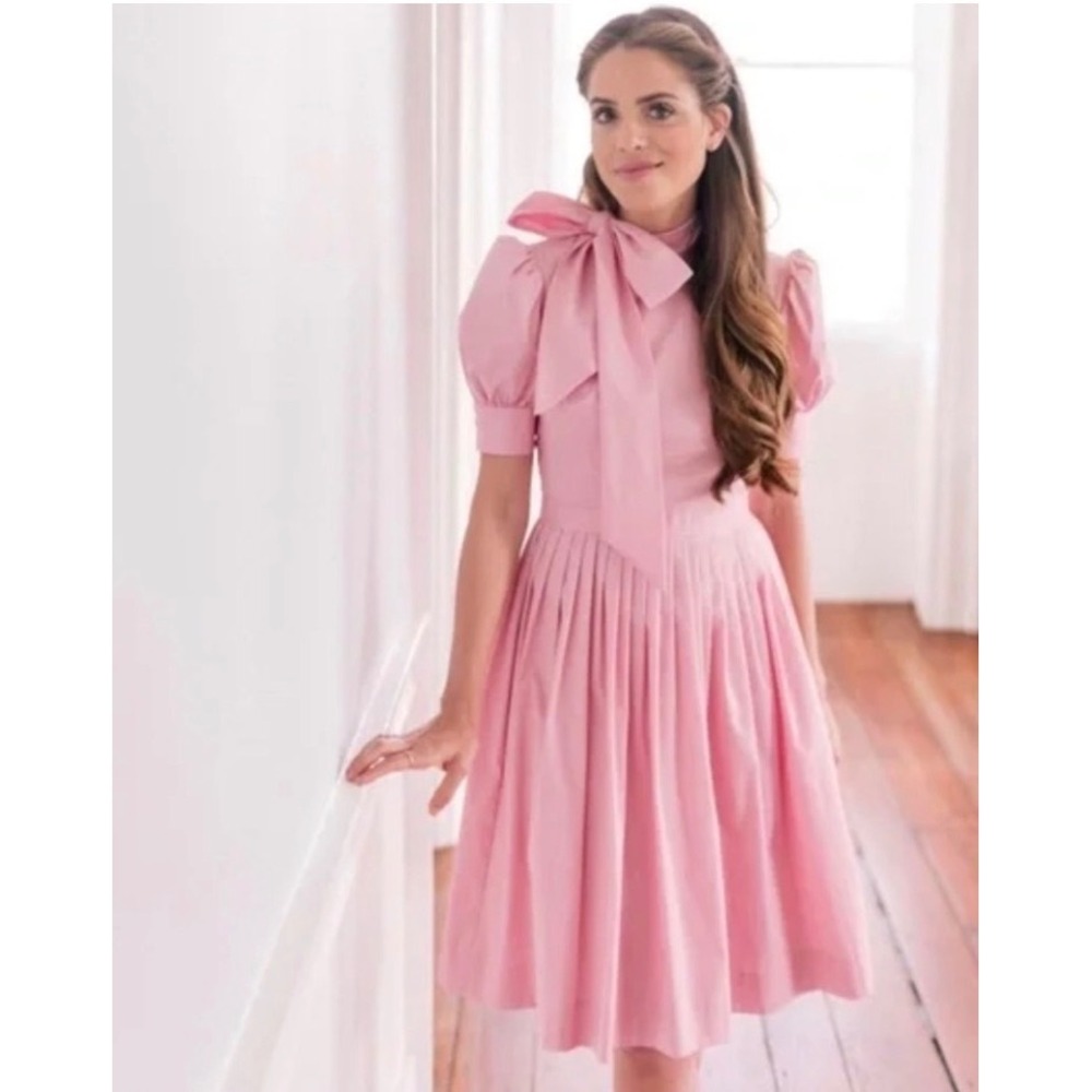 Gal Meets Glam Pink Cotton Bow Neck Puff Sleeve Pleated Midi Dress Size 16